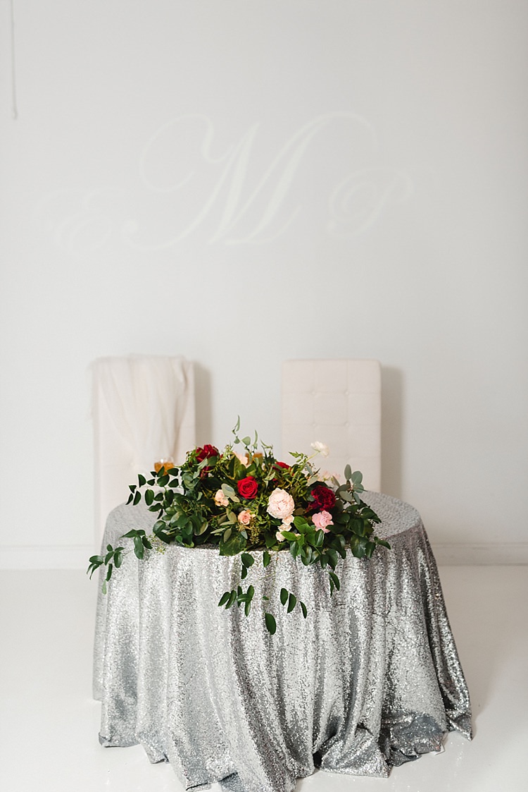 Sweetheart Table Sequin Silver Roses Peonies Red Pink Greenery Modern Romantic Winter Wedding Texas http://www.albarosephotography.com/