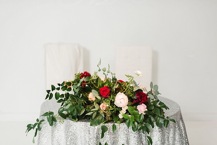 Sweetheart Table Sequin Silver Roses Peonies Red Pink Greenery Modern Romantic Winter Wedding Texas http://www.albarosephotography.com/