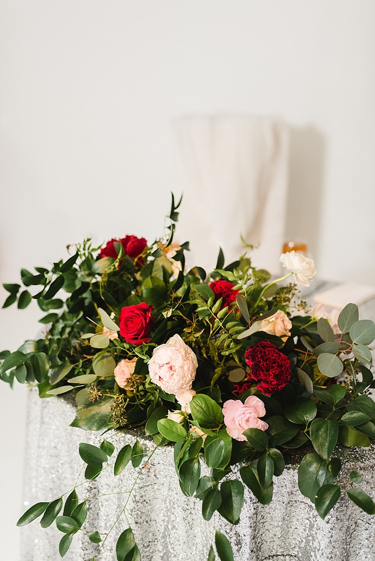 Sweetheart Table Sequin Silver Roses Peonies Red Pink Greenery Modern Romantic Winter Wedding Texas http://www.albarosephotography.com/