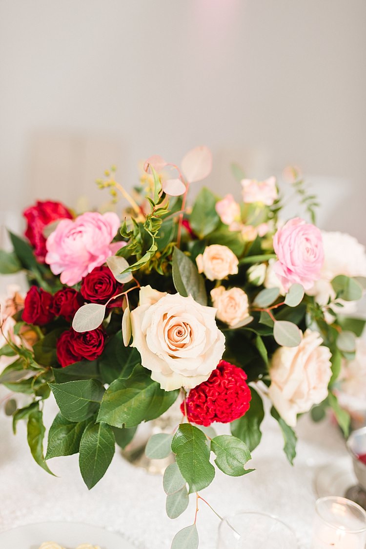 Centre Piece Floral Flowers Red Pink Roses Greenery Modern Romantic Winter Wedding Texas http://www.albarosephotography.com/