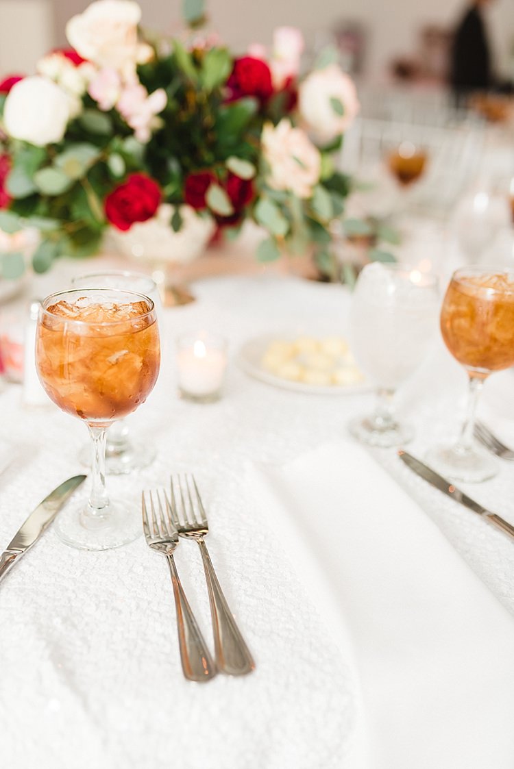 Table Settings Place White Roses Pink Red Greenery Cocktail Candles Modern Romantic Winter Wedding Texas http://www.albarosephotography.com/