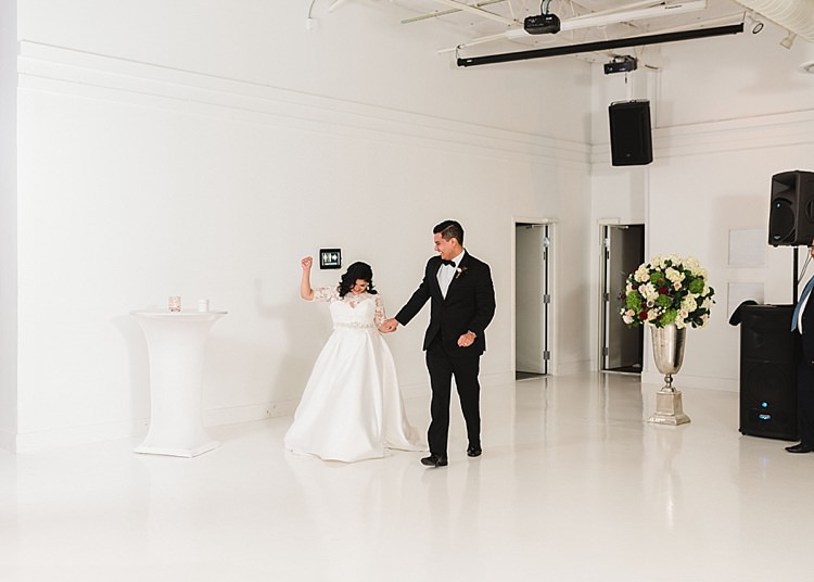 Bride Groom Entrance Classic Dress Lace Sleeves Off Shoulder Bowtie Modern Romantic Winter Wedding Texas http://www.albarosephotography.com/