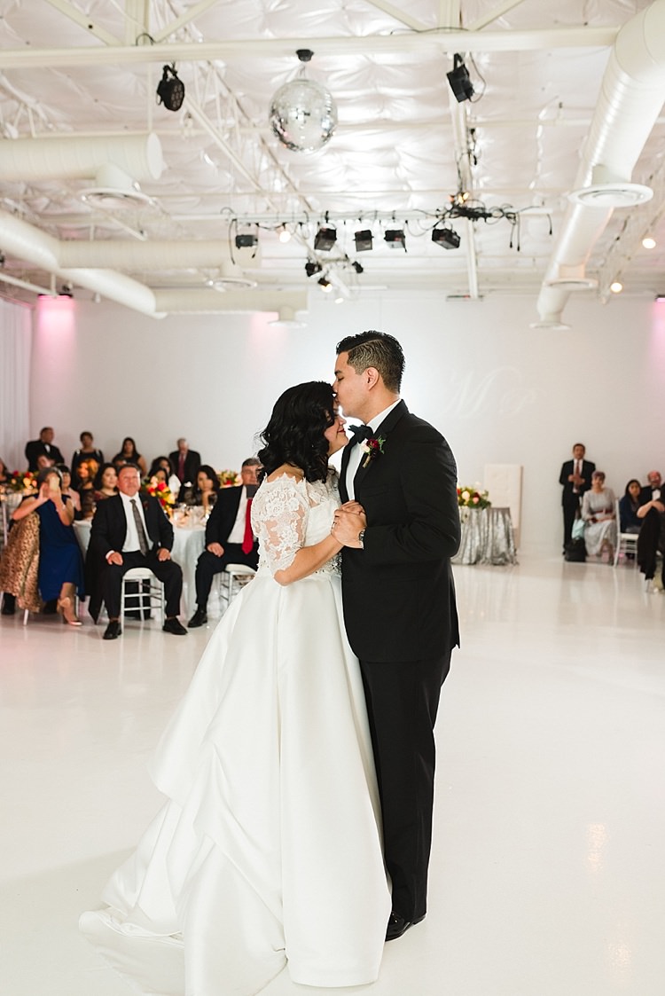 Bride Groom First Dance Bowtie Classic Dress Lace Sleeves Off Shoulder Modern Romantic Winter Wedding Texas http://www.albarosephotography.com/