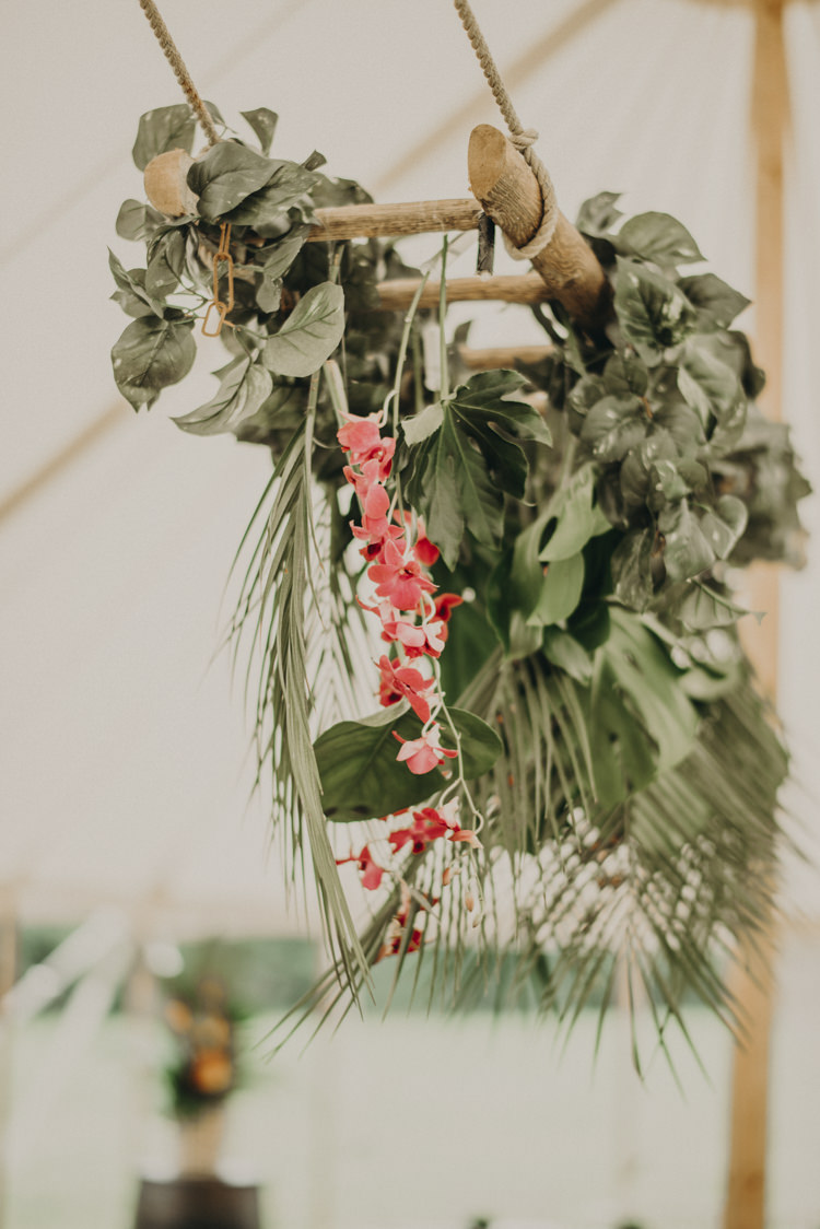 Hanging Flowers Arrangement Palm Leaves Marquee Vibrant Tropical Wedding Ideas http://foto-memories.co.uk/