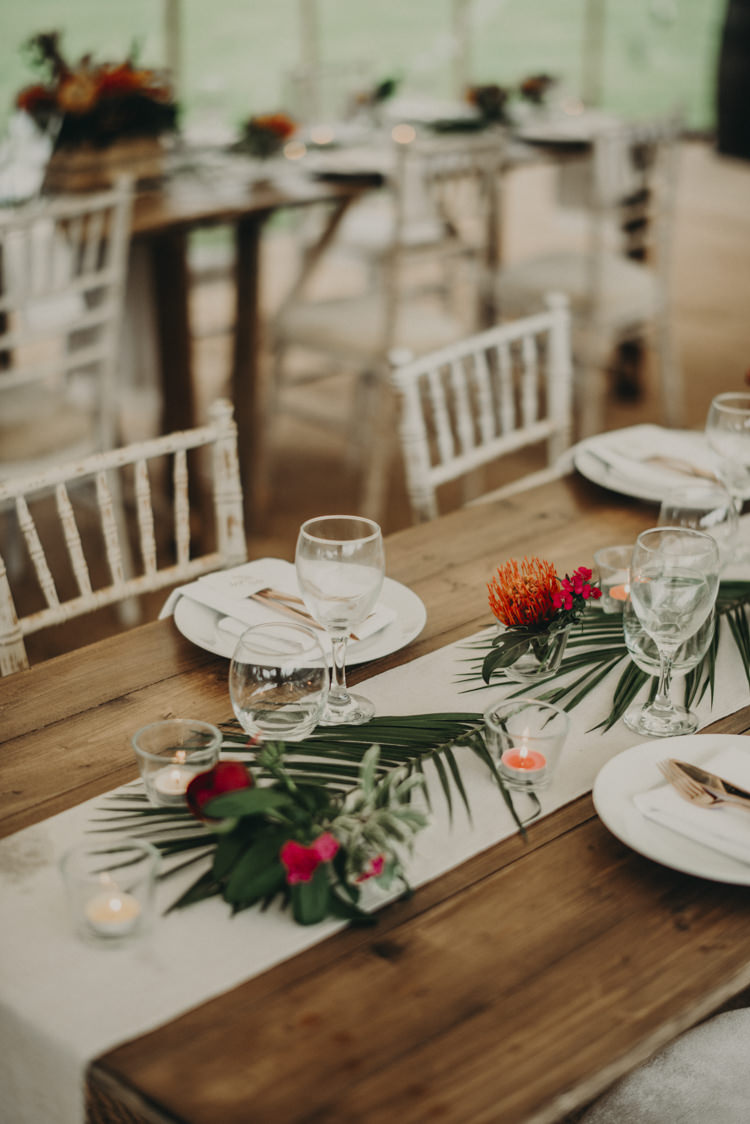 Table Runner Fabric Flowers Palm Leaf Vibrant Tropical Wedding Ideas http://foto-memories.co.uk/