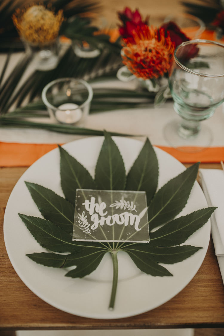 Acrylic Stationery Place Name Decor Calligraphy Vibrant Tropical Wedding Ideas http://foto-memories.co.uk/