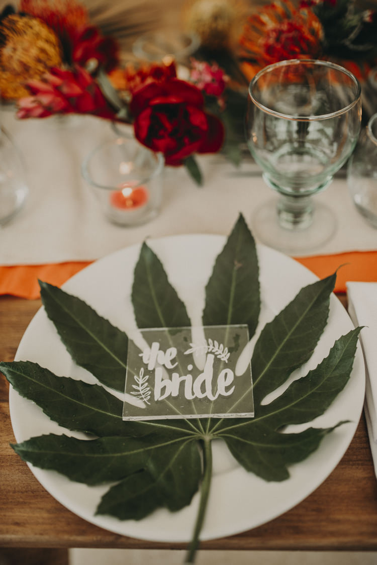 Acrylic Stationery Place Name Decor Calligraphy Vibrant Tropical Wedding Ideas http://foto-memories.co.uk/