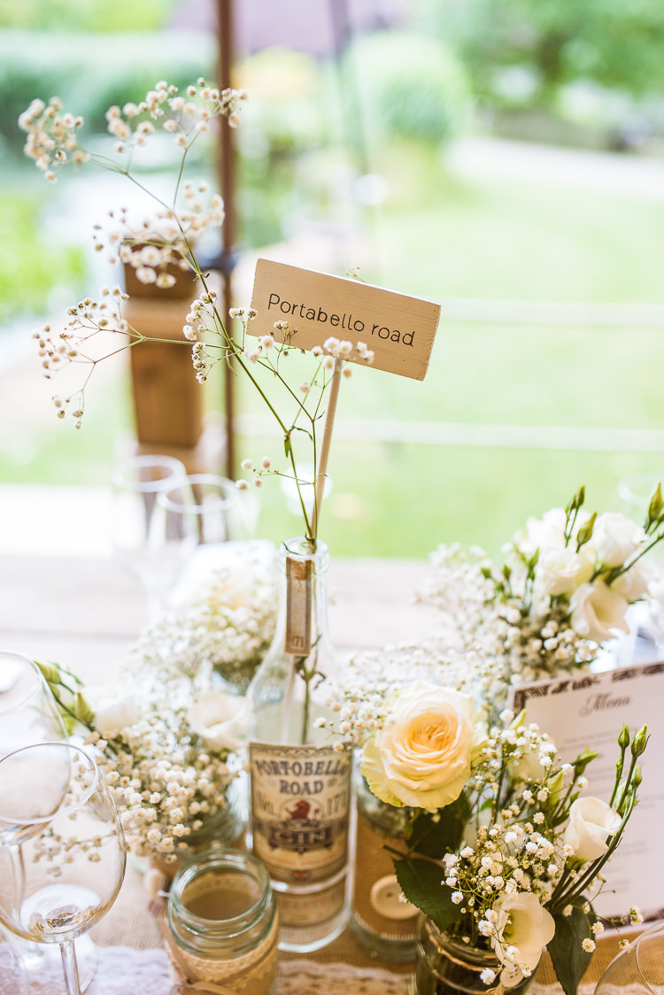 Bottle Jar Flowers Decor Centrepiece Table Name Laid Back Summer Garden Party Wedding Stretch Tent http://joemallenphotography.co.uk/
