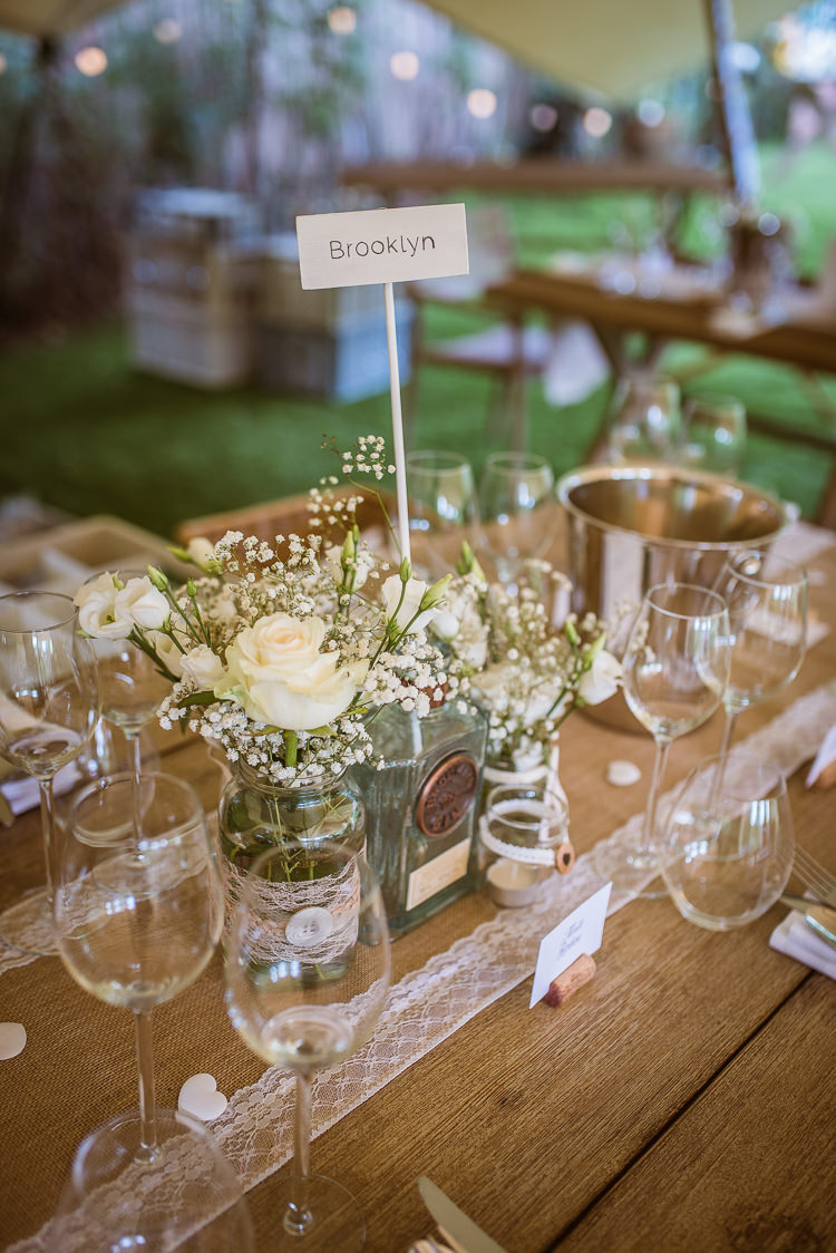 Bottle Jars Flowers Centrepiece Decor Hessian Lace Rustic Laid Back Summer Garden Party Wedding Stretch Tent http://joemallenphotography.co.uk/