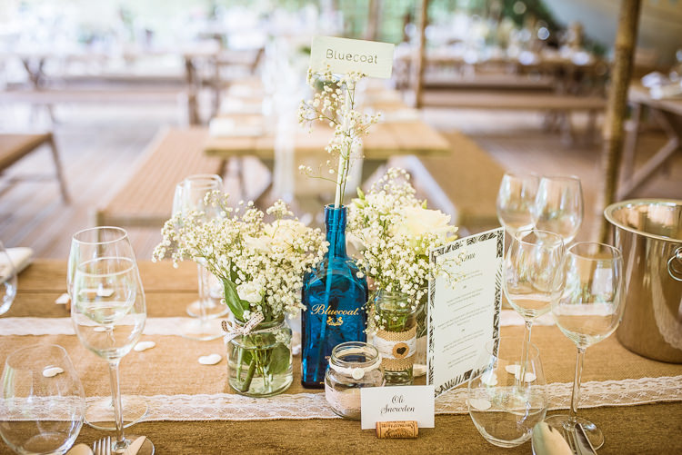 Bottle Jars Flowers Centrepiece Decor Hessian Lace Rustic Laid Back Summer Garden Party Wedding Stretch Tent http://joemallenphotography.co.uk/