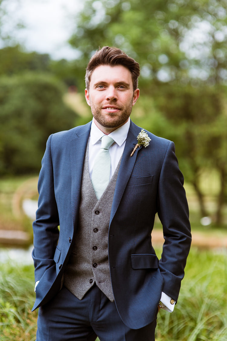 Navy Suit Grey Waistcoat Groom Laid Back Summer Garden Party Wedding Stretch Tent http://joemallenphotography.co.uk/