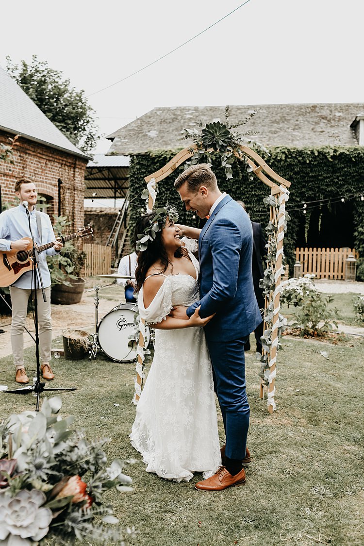 Arch Backdrop Ceremony Foliage Rustic Greenery Copper Chateau Wedding in France http://hindmari.com/
