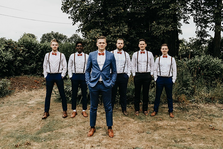 Groom Groomsmen Bow Ties Braces Suits Rustic Greenery Copper Chateau Wedding in France http://hindmari.com/