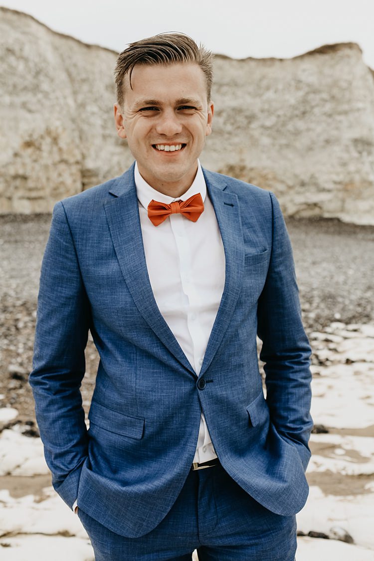Blue Suit Bow Tie Groom Rustic Greenery Copper Chateau Wedding in France http://hindmari.com/