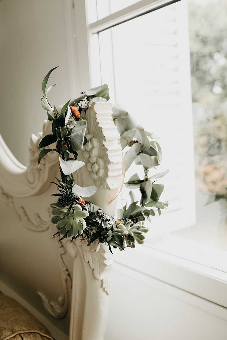 Flower Crown Bride Bridal Foliage Rustic Greenery Copper Chateau Wedding in France http://hindmari.com/