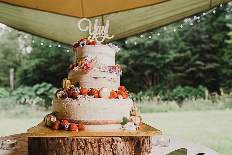 Buttercream Cake Log Fruit Macaron Flowers Stylish Woodland Tipi Wedding Flower Arch https://willpatrickweddings.com/