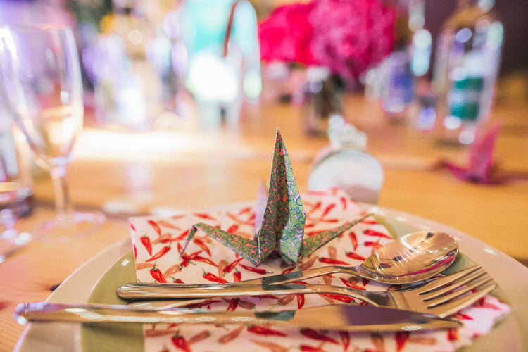 Origami Paper Crane Place Setting Outdoorsy Welcoming Colourful Tipi Wedding http://www.sallytphoto.com/