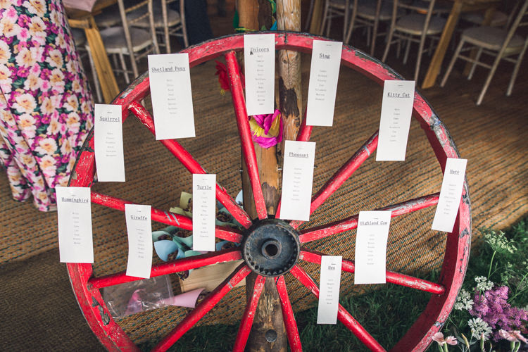 Wheel Wooden Seating Plan Table Chart Outdoorsy Welcoming Colourful Tipi Wedding http://www.sallytphoto.com/