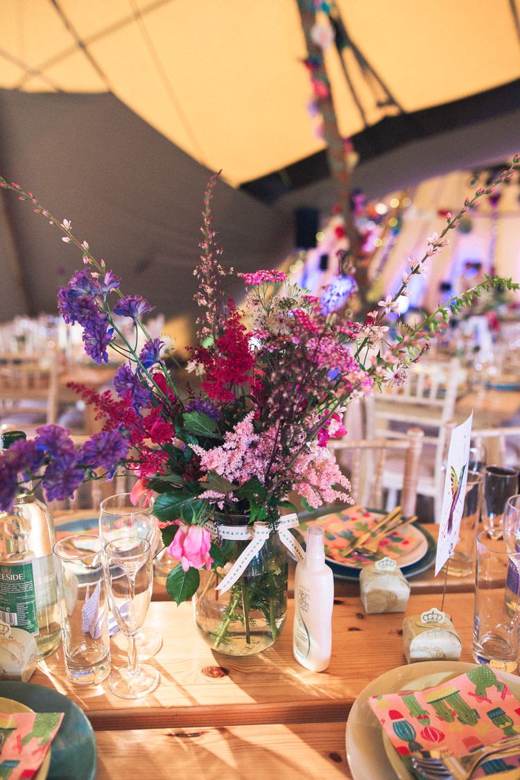 Flowers Jar Centrepiece Decor DIY Outdoorsy Welcoming Colourful Tipi Wedding http://www.sallytphoto.com/