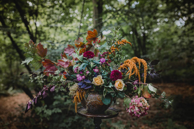 Flowers Urn Leaves Orange Rose Dahlia Hydrangea Autumn Atmospheric Woodland Wedding Ideas http://www.kategrayphotography.com/