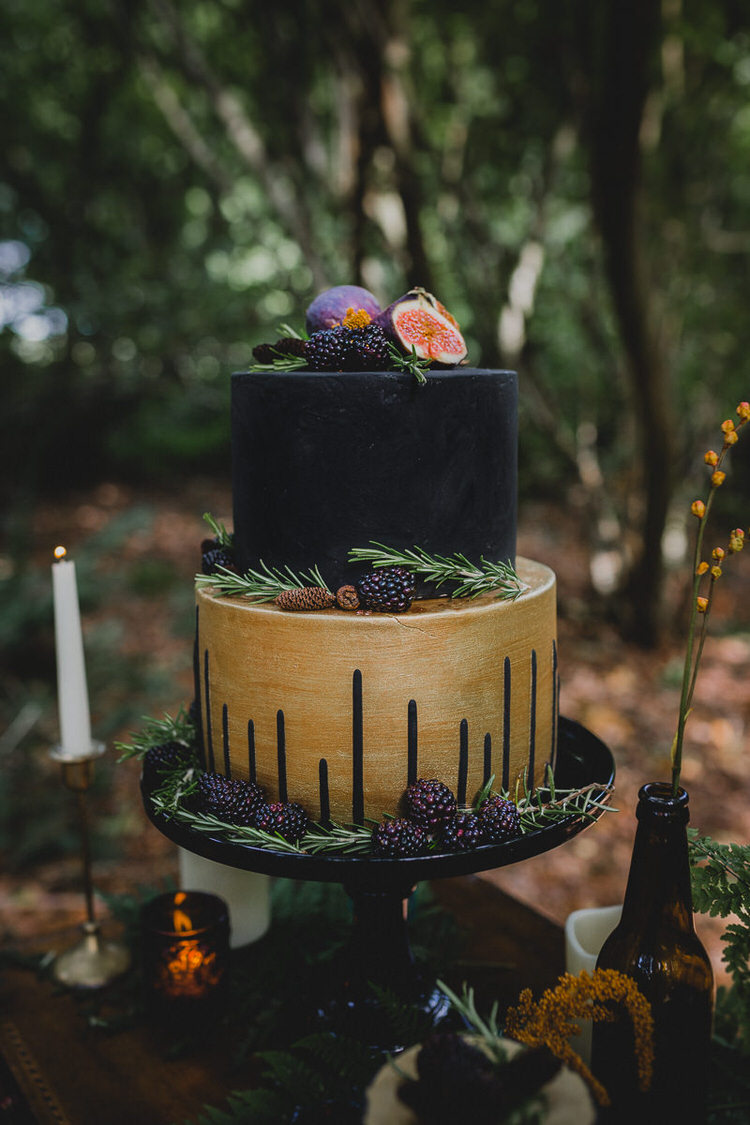 Black Gold Drip Cake Fruit Herbs Atmospheric Woodland Wedding Ideas http://www.kategrayphotography.com/