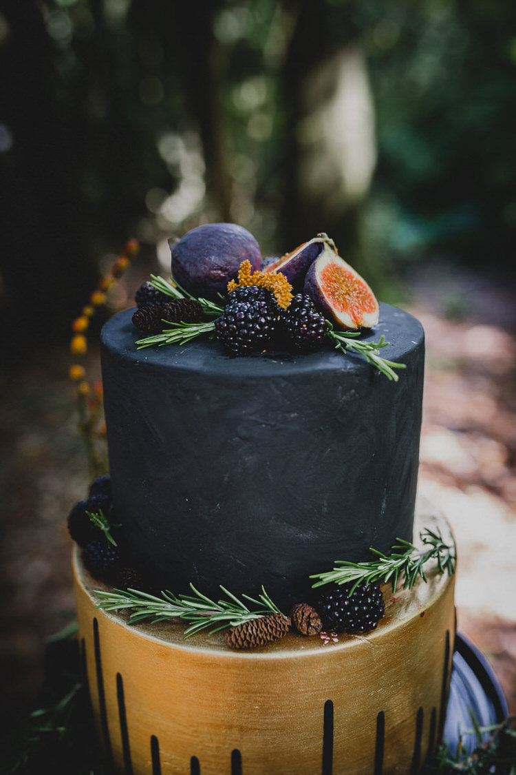 Gold Black Cake Fruit Atmospheric Woodland Wedding Ideas http://www.kategrayphotography.com/
