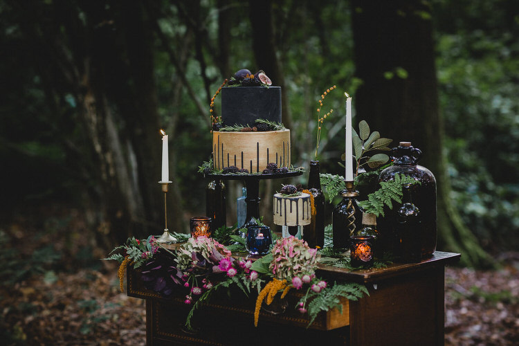 Cake Table Black Gold Treats Candles Flowers Atmospheric Woodland Wedding Ideas http://www.kategrayphotography.com/