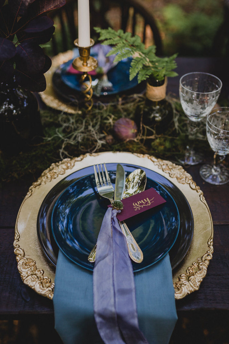 Place Setting Gold Purple Ribbon Name Card Atmospheric Woodland Wedding Ideas http://www.kategrayphotography.com/