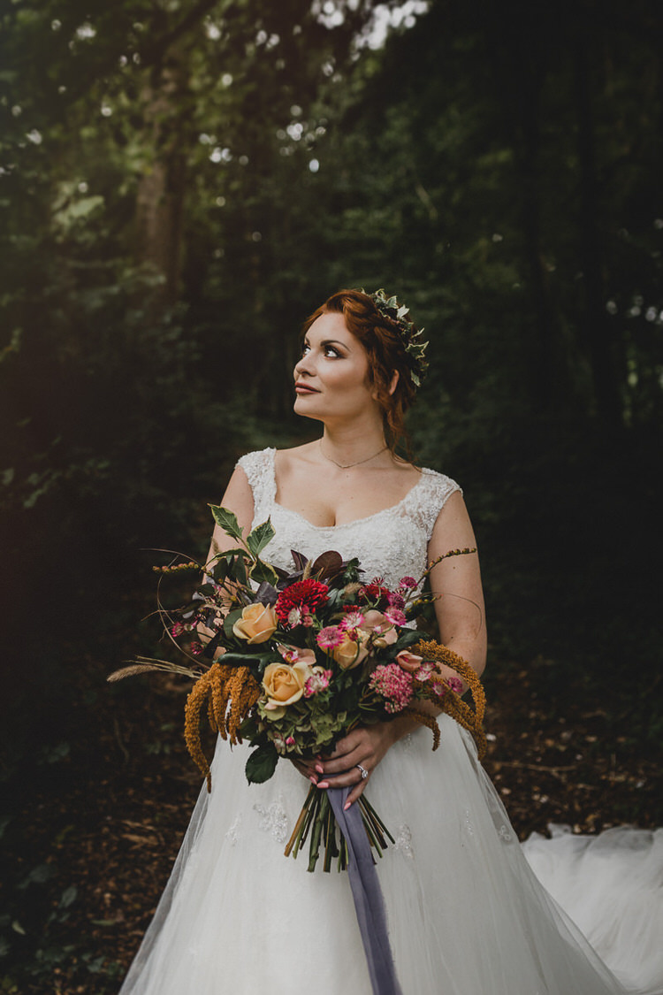 Bouquet Flowers Bride Bridal Autumn Orange Red Rose Ribbon Leaf Atmospheric Woodland Wedding Ideas http://www.kategrayphotography.com/