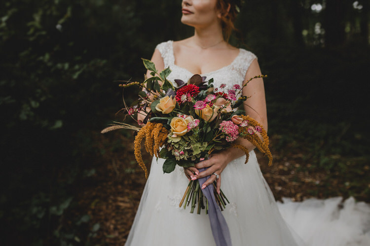 Bouquet Flowers Autumn Rose Orange Red Bride Bridal Ribbon Atmospheric Woodland Wedding Ideas http://www.kategrayphotography.com/