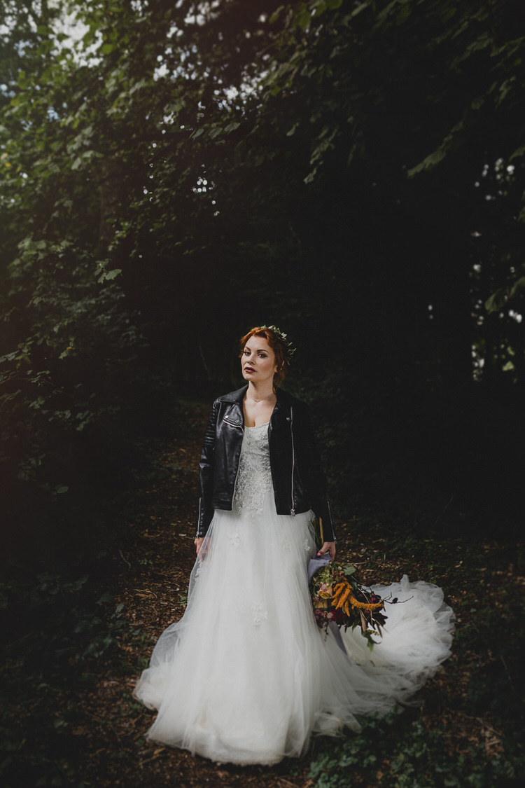 Leather Jacket Bride Bridal Atmospheric Woodland Wedding Ideas http://www.kategrayphotography.com/