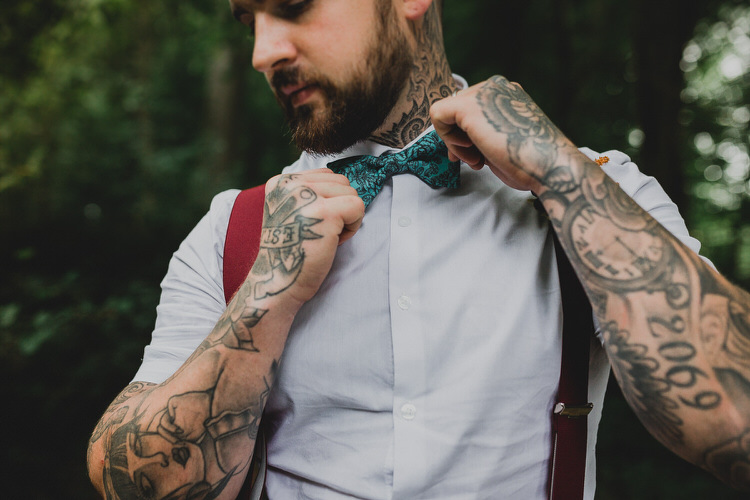 Bow Tie Braces Tattoos Groom Atmospheric Woodland Wedding Ideas http://www.kategrayphotography.com/