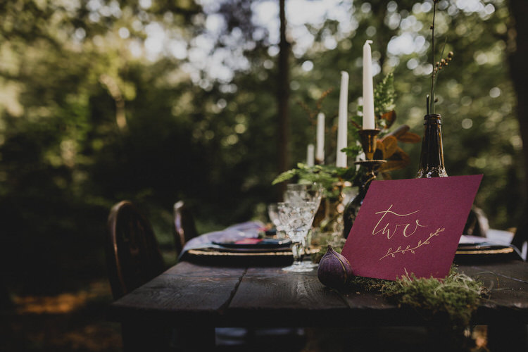 Gold Red Table Number Calligraphy Atmospheric Woodland Wedding Ideas http://www.kategrayphotography.com/