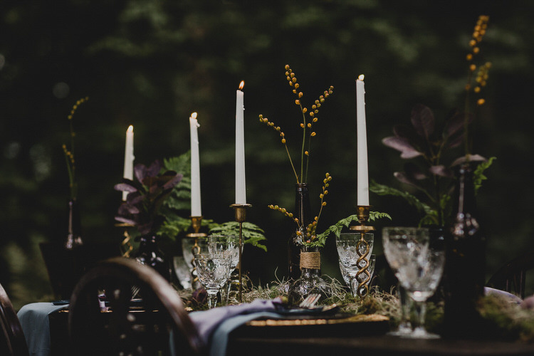 Tablescape Flowers Candles Decor Atmospheric Woodland Wedding Ideas http://www.kategrayphotography.com/