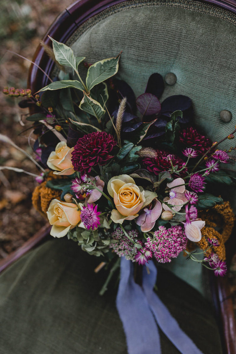 Bouquet Flowers Bride Bridal Red Ribbon Dahlia Leaves Rose Atmospheric Woodland Wedding Ideas http://www.kategrayphotography.com/