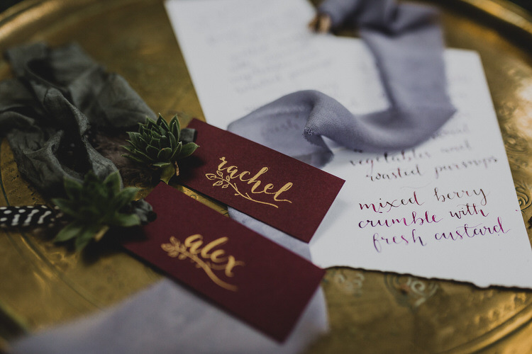Gold Calligraphy Place Name Card Atmospheric Woodland Wedding Ideas http://www.kategrayphotography.com/