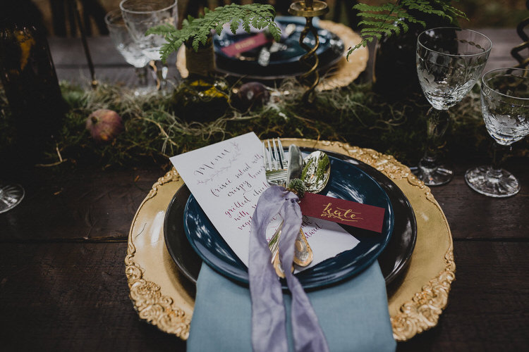 Place Setting Gold Red Atmospheric Woodland Wedding Ideas http://www.kategrayphotography.com/