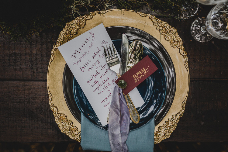 Place Setting Gold Purple Red Decor Atmospheric Woodland Wedding Ideas http://www.kategrayphotography.com/
