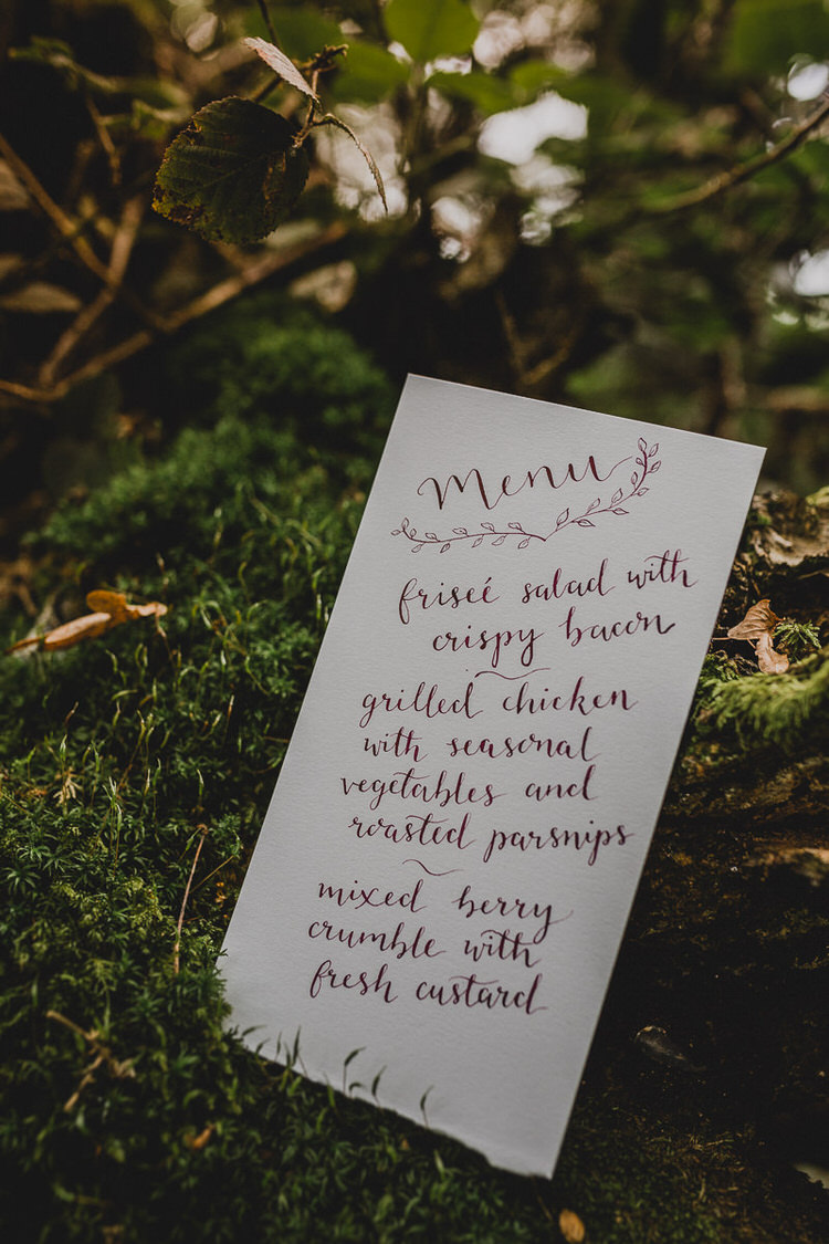 Calligraphy Menu Stationery Atmospheric Woodland Wedding Ideas http://www.kategrayphotography.com/