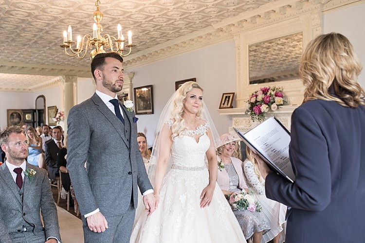 Ceremony Aisle Bride Bridal Dress Gown Ronald Joyce Strapless Sweetheart Crystal Swarovski Shoulder Necklace Veil Blush Reiss Groom Grey Wool Three Piece Waistcoat Pocket Square Wool Blue Tie Classic Romantic Pretty Wedding https://kerryannduffy.com/