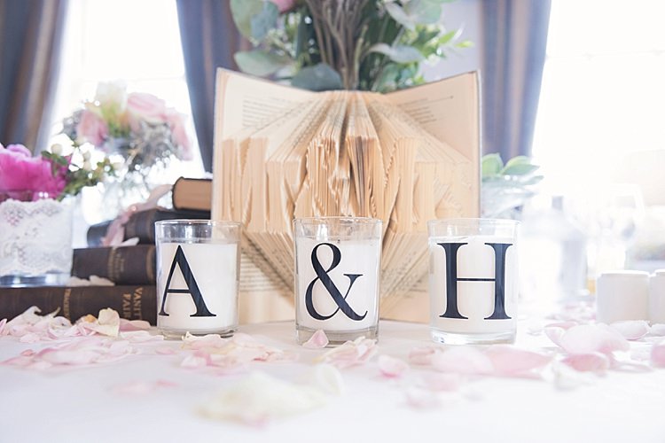 Book Cut Out Initials Candles Gift Cards Table Petals Vintage Books Classic Romantic Pretty Wedding https://kerryannduffy.com/