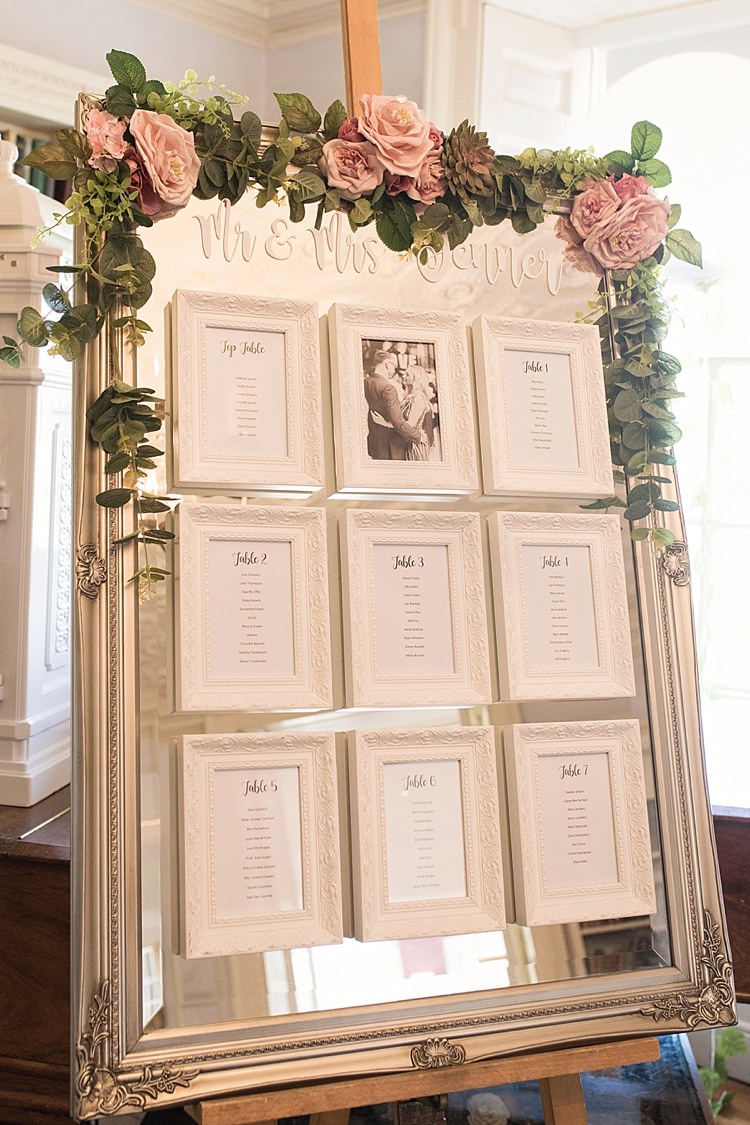 Table Plan Mirror Seating Chart Gold Frames Mirror Roses Easel Modern Calligraphy Mr & Mrs Classic Romantic Pretty Wedding https://kerryannduffy.com/
