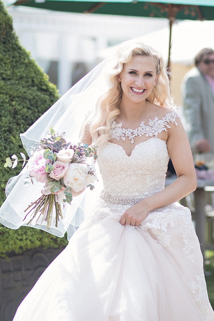 Bride Bridal Dress Gown Ronald Joyce Strapless Sweetheart Crystal Swarovski Shoulder Necklace Veil Blush Peonies Blousy Bouquet Roses Classic Romantic Pretty Wedding https://kerryannduffy.com/