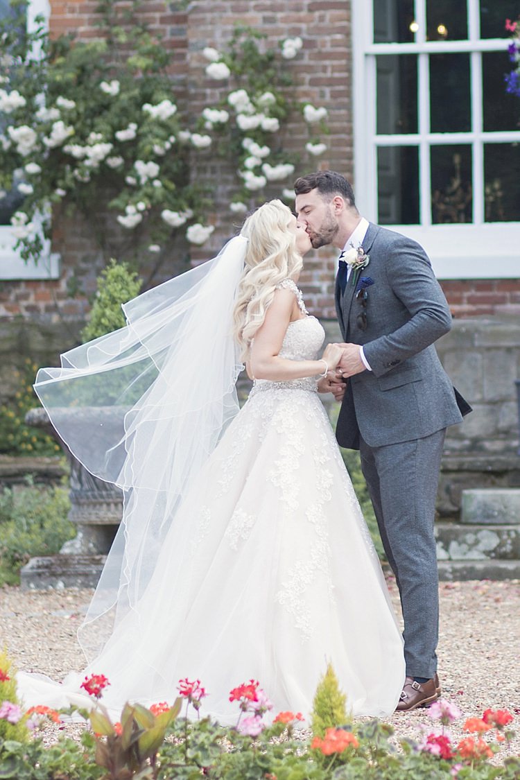 Bride Bridal Dress Gown Ronald Joyce Strapless Sweetheart Crystal Swarovski Shoulder Necklace Veil Blush Reiss Groom Grey Wool Three Piece Waistcoat Pocket Square Classic Romantic Pretty Wedding https://kerryannduffy.com/