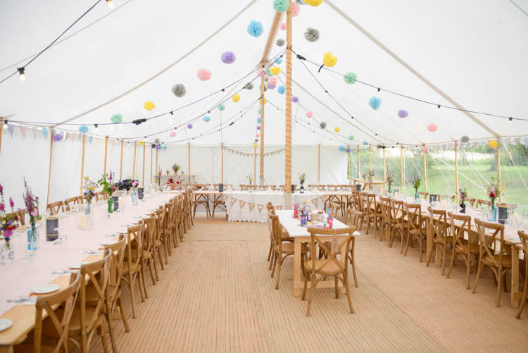 Marquee Colourful Multi Colour Paper Tissue Pom Poms Festoon Lighting Rustic Tables Fun Pastel Country Marquee Wedding http://kimberleywaterson.com/