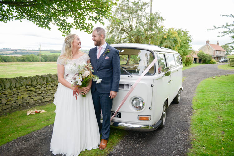 Bride Bridal Justin Alexander Dress Gown A Line Slaters Menswear Groom Grey Checked Three Piece Waistcoat Suit Pocket Square Watch Pink Tie VW Camper Van Fun Pastel Country Marquee Wedding http://kimberleywaterson.com/