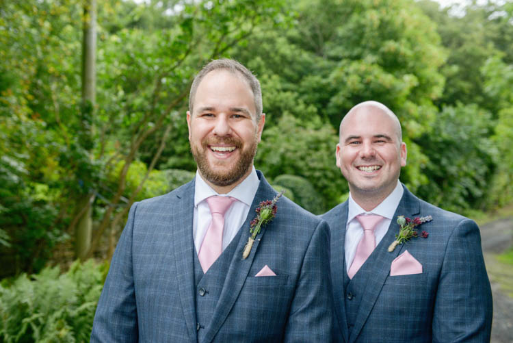 Slaters Menswear Groom Grey Checked Three Piece Waistcoat Suit Pocket Square Watch Pink Tie Fun Pastel Country Marquee Wedding http://kimberleywaterson.com/
