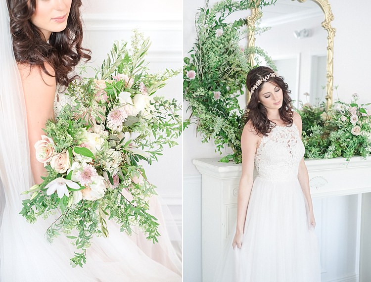Fireplace Mantle Flowers Greenery Foliage Pink Light Soft Romantic Wedding Ideas http://www.vanessavelez.photo/