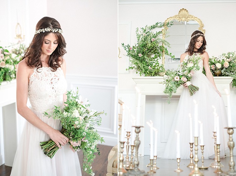 Fireplace Mantle Flowers Greenery Foliage Pink Light Soft Romantic Wedding Ideas http://www.vanessavelez.photo/