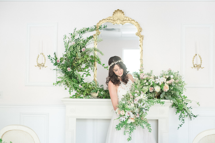 Fireplace Mantle Flowers Greenery Foliage Pink Light Soft Romantic Wedding Ideas http://www.vanessavelez.photo/